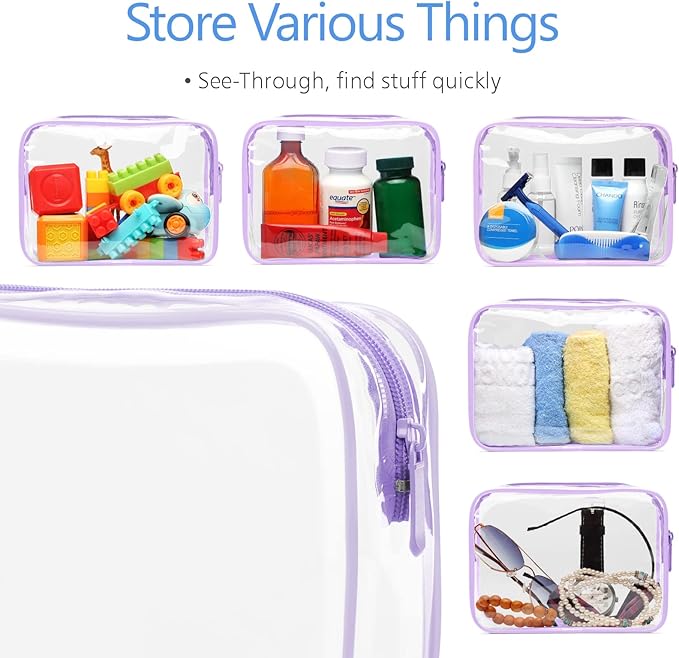 PACKISM Clear Makeup Bag 2 Pack - Quart Size TSA Approved Toiletry Bag with Metal Smooth Zipper, 3-1-1 Airline Compliant Security Travel Cosmetic Bag for Carry On Liquids, Light Purple