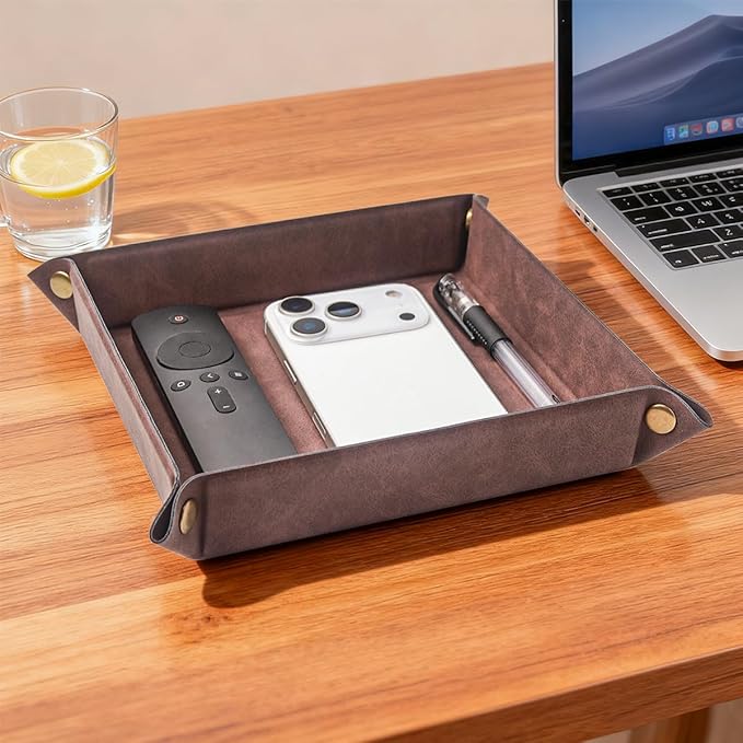 Valet Tray Desktop Storage Organizer – Premium PU Leather Catchall Bedside Vanity Tray Nightstand Caddy Holder for Remote Controller, Keys, Phone, Wallet, Coin, Jewelry,Brown