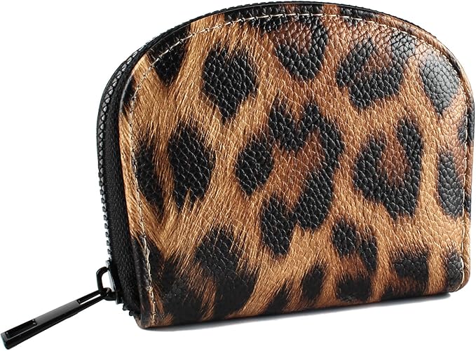 Small Zip Wallet Credit Card Wallet Coin change case Holder for women PU Leather(Sand Leopard)