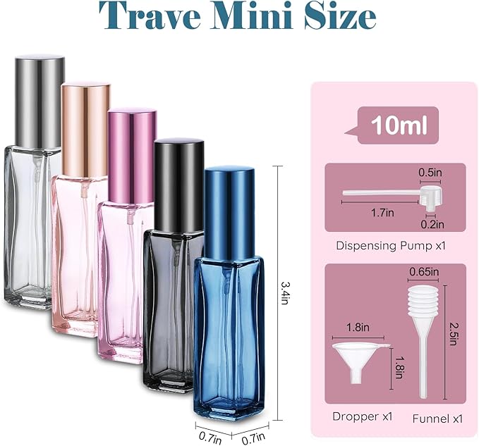 5 PCS Travel Perfume Bottle Refillable, 10ml Empty Mini Perfume Bottle Leakproof Perfume Atomizer Set for Travel, Cologne Bottle Portable Perfume Atomizer Refillable for Women and Men