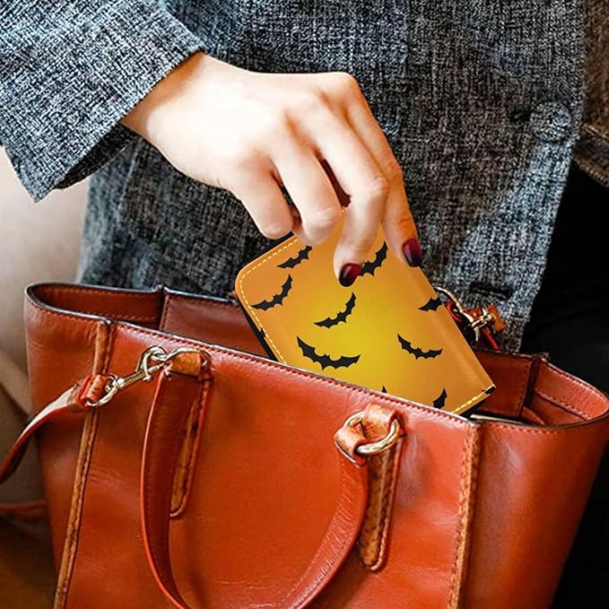 Halloween Bat RFID Credit Card Holder Wallets Accordion for Women Leather Zipper Card Case Accordion Wallet for Ladies Girls