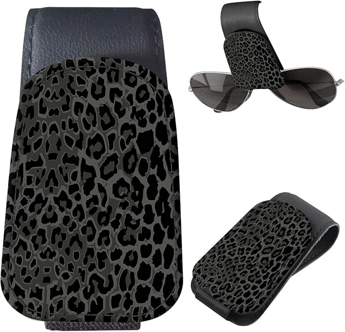 Sunglasses Holder for Car Visor, PU Leather Glasses Clip Organizer, Cute Magnetic Eyeglass Holder for Vehicle Sun Visor, Car Interior Accessory for Women & Men Classic Black Leopard