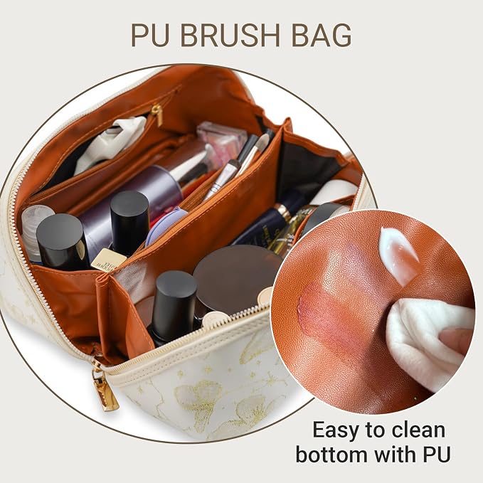 Travel Makeup Bag with Compartments & Organizers – Flat Open Cosmetic Pouch for Women, Purse-Style Design for Traveling, Perfect for Toiletries & Cosmetics for Women(Beige)