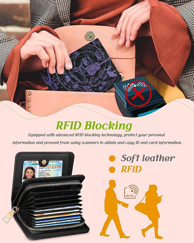Bistup Credit Card Holder Wallet for Women Cute Leather Ladies Teen Girls Female Cardholder Wallets Accordion Purse Small Medium Aesthetic Print Merch Unique Modern Y2k Rfid Zipper Around