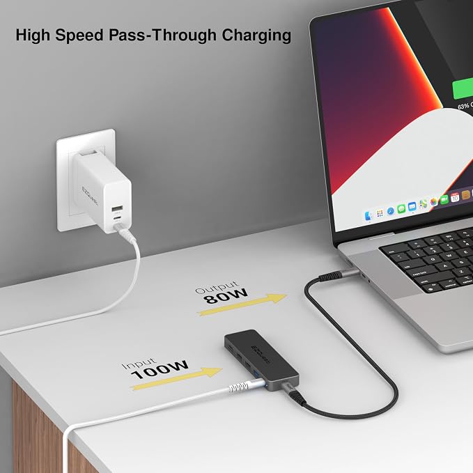 USB-C 5-in-1 Hub Pro Series: 4K 60Hz HDMI, 100W PD Charging, USB 3.0 Data, 20" Detachable Cable. Multiport Adapter for MacBook