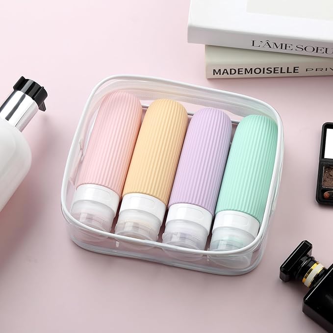 Mrsdry Travel Bottles for Toiletries, Tsa Approved 3oz Portable Travel Bottles, BPA Free Leak Proof Squeezable Silicone Travel Size Containers, Travel Accessories with Clear Toiletry Bag (4 Pack)
