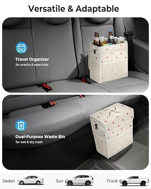 Corduroy Car Trash Can with Lid and Mesh Pockets - Leakproof Organizer,Multipurpose Waterproof Garbage Can/Trash Bin for Car(Beige/Red Strawberry Print-3 Gallons)