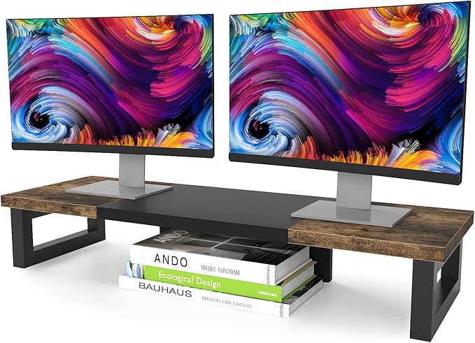 WESTREE Dual Monitor Stand Riser, Wood and Steel Multi-Purpose Desktop Storage Stand for 2 Monitors for Computer, Laptop, Printer, TV, Rustic Brown