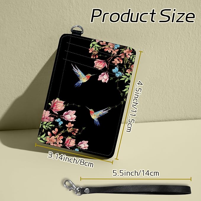 Small Travel Wallets, Hummingbird Floral Sakura Slim Minimalist Front Pocket Wallet with Wristlet, RFID Blocking PU Leather Credit Card Holder with ID Window Change Purse for Men Women