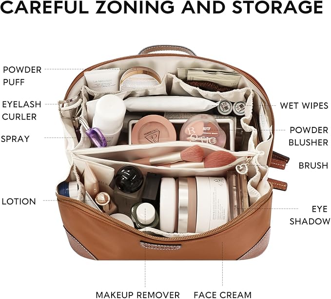 GIVLEFLY Makeup Bag for Women, Large Cosmetic Bag, Travel Toiletry Bag, Waterproof Nylon Organizer with Microfiber Leather, Flat Open for Skincare & Brushes