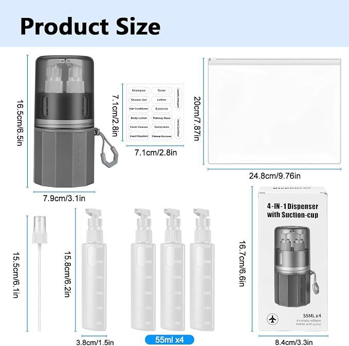 4 in 1 Travel Dispenser Bottles, TSA Approved Leak Proof Refillable Toiletry Containers with Vacuum Suction Cup for Smooth Walls, Portable Empty Bottle Set for Shampoo Conditioner Body Wash