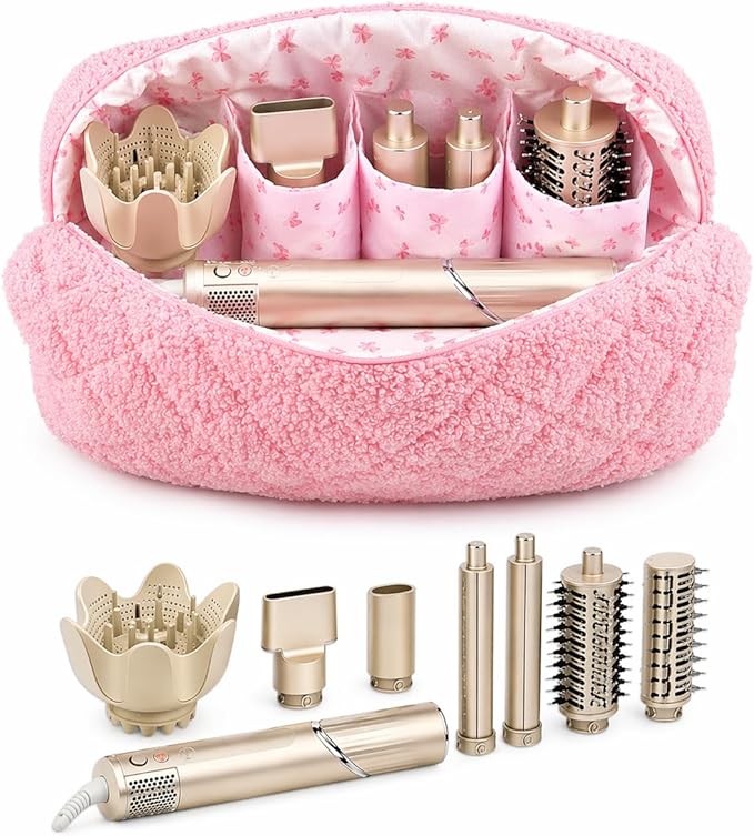 Plush Pink Sherpa Hair Tool & Makeup Travel Bag – 4 Pocket Cosmetic Organizer with Zipper Closure, Skincare & Beauty Accessories