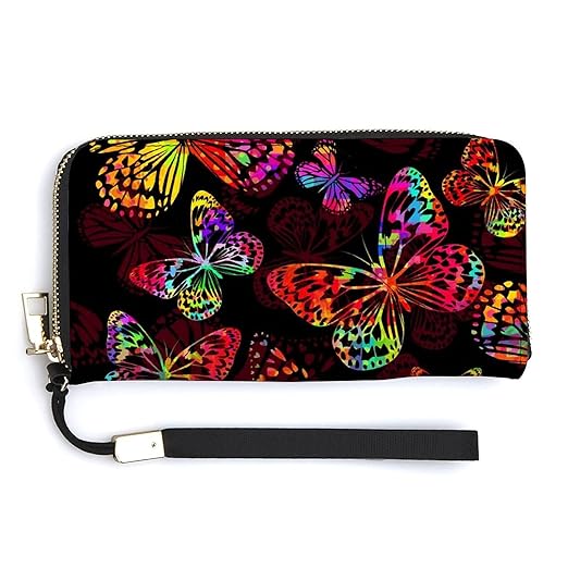 Unisex Zip Around Wallet for Adults Teens Beautiful Watercolor Colorful Butterflies Coin Pouch Cash Pocket PU Leather Wallets Card Holder Organizer Designer Purse with Wristlet Strap