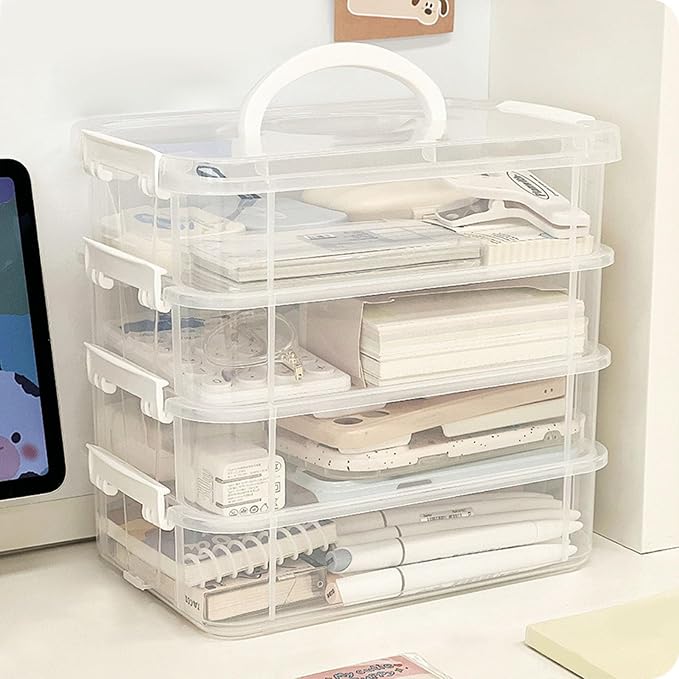 4-Tiers Plastic Storage Box, Stackable Storage Bins With Lids, Handle, Clear File Box Plastic, Parts Tools Sorting Plastic File Storages Boxs For Craft Art School & Office Supplies