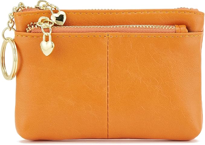ZOOEASS Women PU Leather Zip Mini Coin Purse With Key Ring Triple Zipper Card Holder Wallet (Orange)
