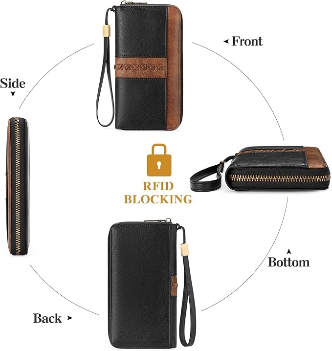 GOIACII Wallet for Women Ladies Wristlet Long Purse Zip Around Clutch RFID Blocking Vegan Leather