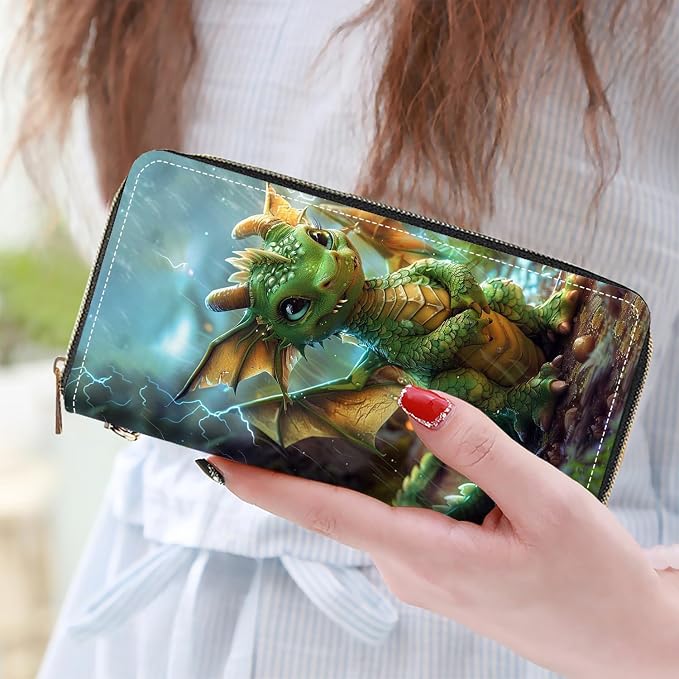 Women's Large Capacity Wallet PU Leather Zip Around Clutch Purse Multifunctional Wallet with Removable Wristlet Strap for Smart Phone/Coin/Card/Cash, Cute Dragon Baby