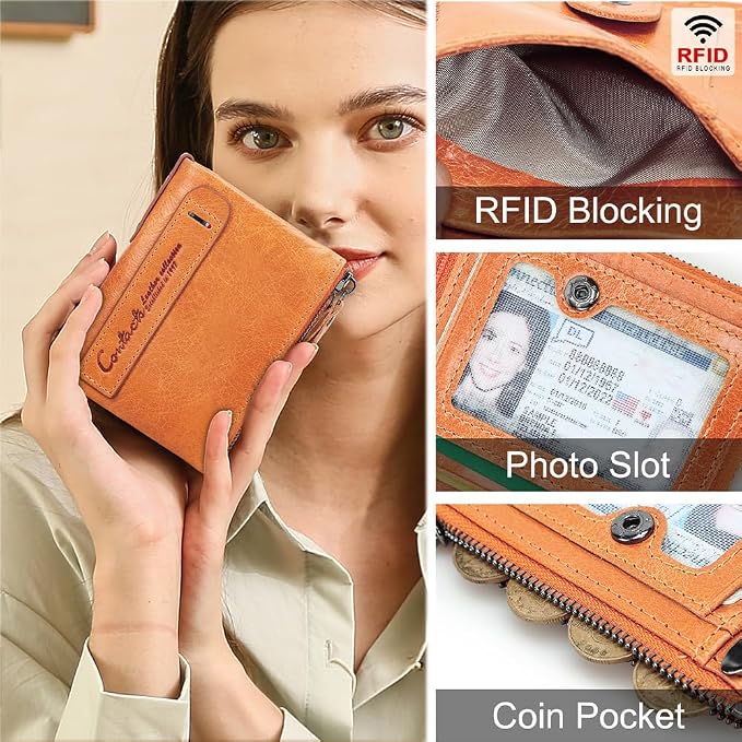 CONTACTS Soft Leather Wallet for Women Small Bifold Coin Purse Double Zipper Card Holder with RFID Blocking (Light Orange)