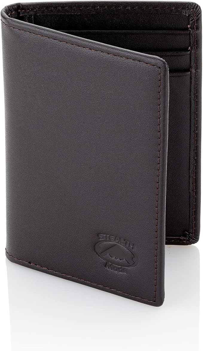 Stealth Mode Men's Slim Front Pocket Wallet - RFID Blocking, Thin Minimalist Bifold Design, Genuine Leather - ID Window and 5 Sleeves for Money, Credit and Debit Cards, Driver's License (Dark Brown)