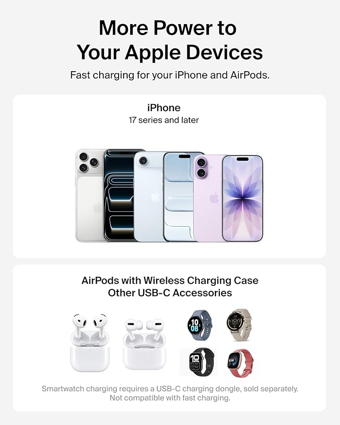 Belkin MagSafe Charger, Compatible 2-in-1 Charging Station, Qi2.2 25W Magnetic Wireless Charger iPhone, Foldable Stand, with 5W USB-C Port, for iPhone 17/16/15, Pixel 10, AirPods, 45W Adapter Included