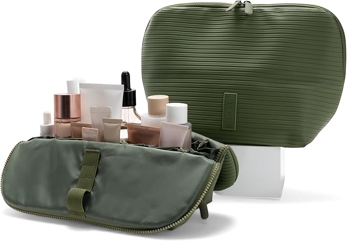 THE VERTI-Vertical Waterproof Makeup & Toiletry Bag | 23-Pocket Organizer with Upright, Fold-Down Design for Skincare, Toiletries & Essentials (Olive)