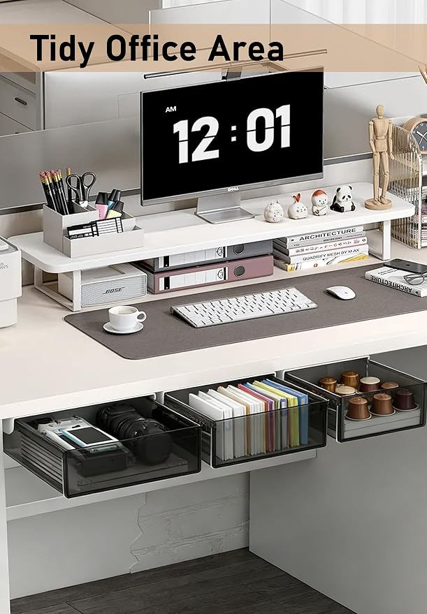 Under Desk Drawer Set of 3, Slide-Out Under Desk Storage Drawers (Large/Medium/Small), Thick Rigid PET Material, Suitable for Home Office, Desk, or Coffee Table