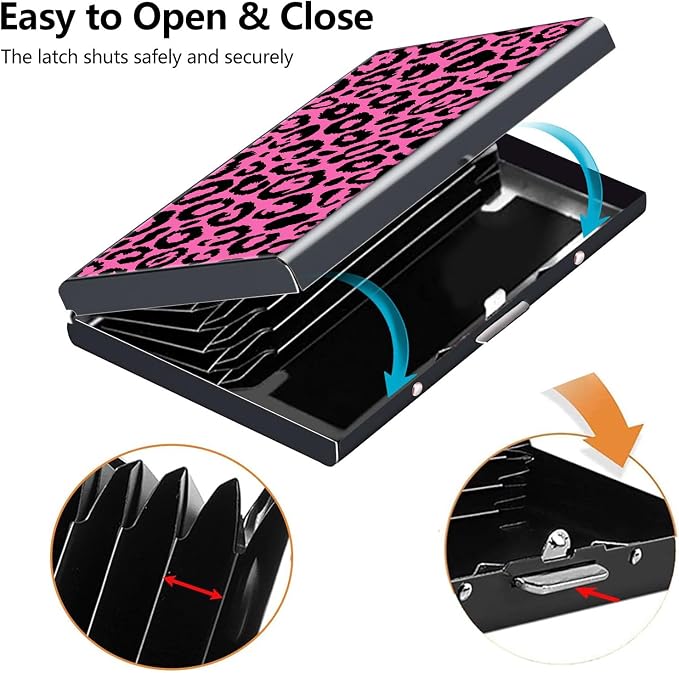 Credit Card Holder Pink Leopard Print Design Mini RFID Blocking Aluminum Wallet Slim Metal Hard Cover Shell Travel Wallet ID Cases Small Credit Cards Case Business Cards for Women Men Girls