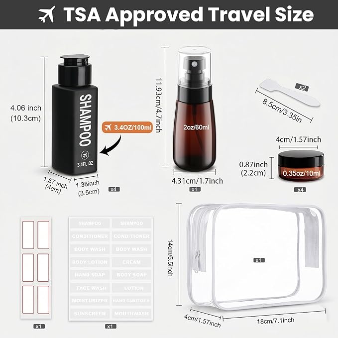 Travel Bottles for Toiletries 14PCS 3.4oz Pre-Printed Shampoo, Conditioner, Body Wash TSA Approved 2oz Travel Spray Bottle Leak Proof Plastic Cream Jars Refillable Lotion Containers(Black)