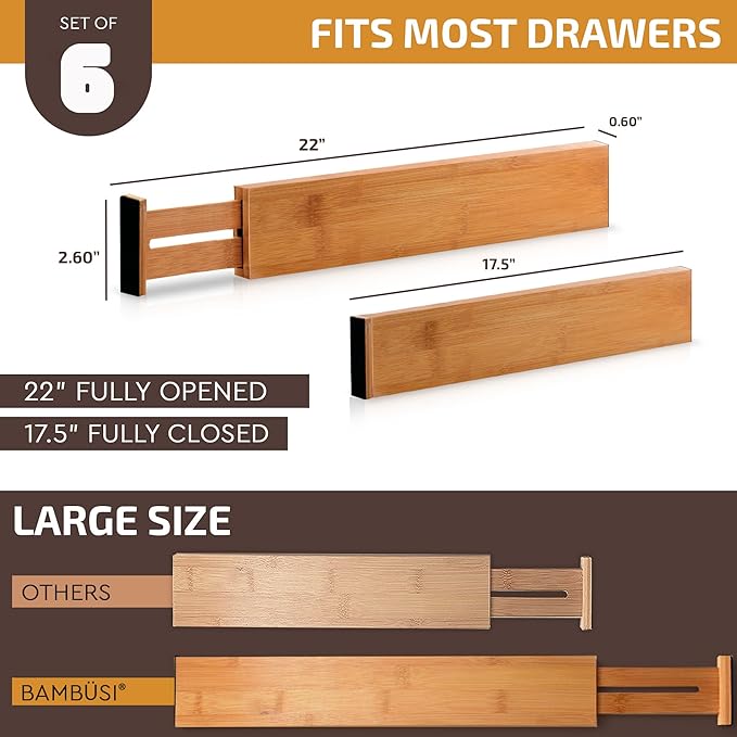 6 Pack Bamboo Drawer Dividers - 17" to 21.5" Expandable Adjustable Drawer Organizer for Kitchen Utensils, Large Drawer Divider, Clothes, Dresser, Bedroom, Bathroom, Desk Drawer Separator Set (White)
