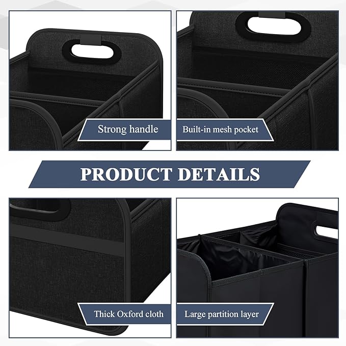 Car Trunk Organizer, Foldable Car Trunk Storage Box with 2 Compartments & Mesh Pocket, Large Capacity, Portable with Handle, Collapsible Backseat Storage Organizer for SUV Truck Sedan (Black)