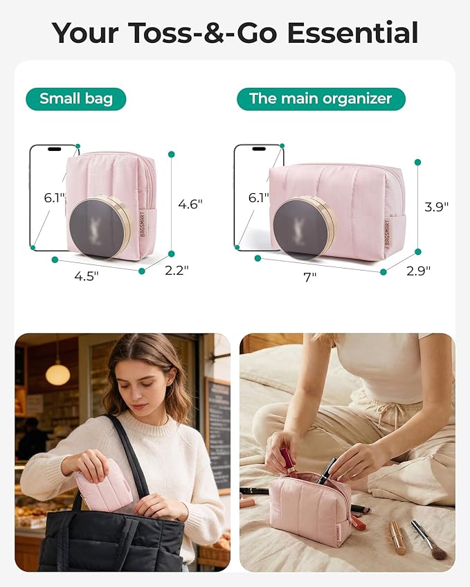 BAGSMART Makeup Bag Duo Set, Puffy Padded Travel Cosmetic Organizer with Slip-in Pockets, Large Toiletry Bag & Small Purse Pouch, Travel Essentials for Women, Leopard