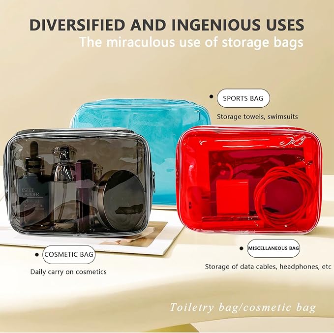 Neon TSA Approved Clear Toiletry Pouch, 7"x2.3"x4.7" Size, PVC Travel Makeup Bags for Toiletries, Transparent Cosmetic Bag for Women and Men Small (black+clear+red+blue+dark red)