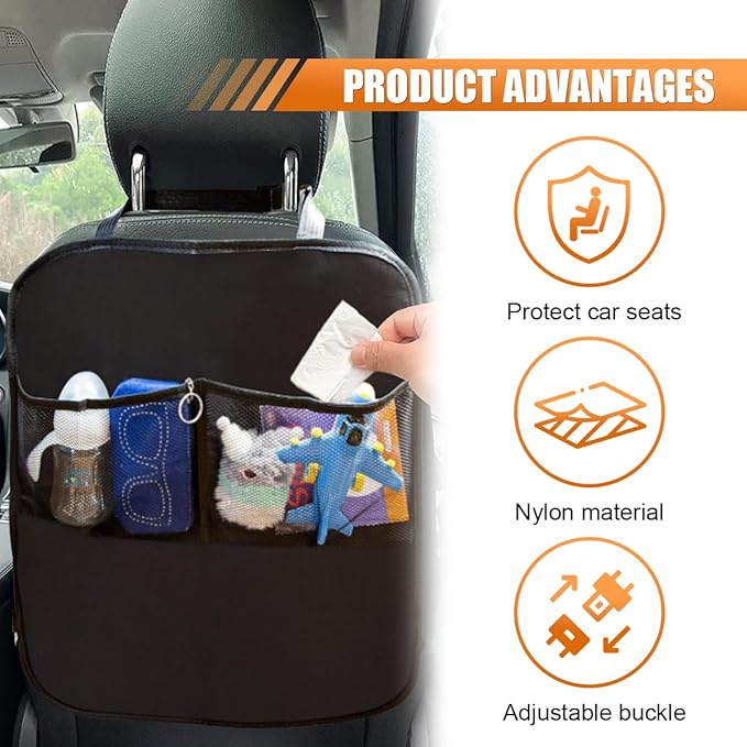 2PCS Car Backseat Organizer - Vehicle Seat Back Protector Kick Mats for Kids - Waterproof Car Back Seat Cover with 2 Storage Pockets - Road Trip Essentials Travel Accessories for Car SUV Truck