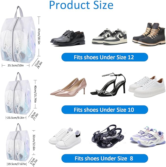 SelfTek Shoe Bags for Travel, 6 Pack 3 Size Double-Sided Zipper Shoe Bag for Men & Women, Waterproof Portable Shoe Storage Pouch with Handle, Family Travel Accessories