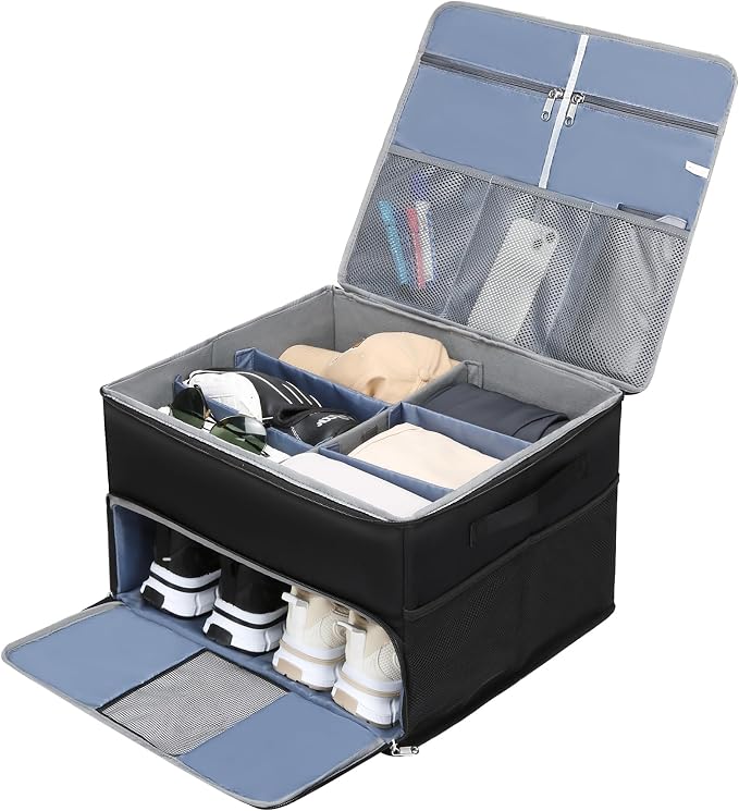 Golf Trunk Organizer for Golf Shoes Clothes Gloves Hats Large Collapsible Golf Storage Box with 4 Dividers Water-Resistant Golf Shoe Bag for 2 Pair of Shoes Golfing Accessories for Men Women Golfers