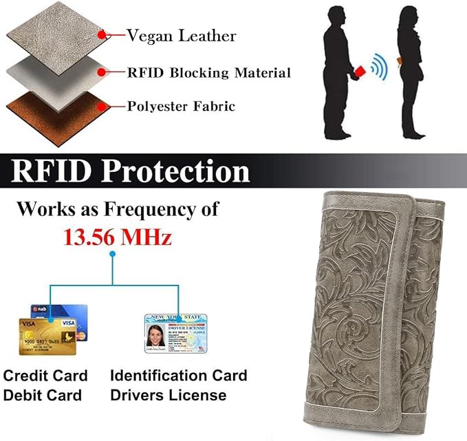 MEITRUE Women's Wallet Leather RFID Blocking Trifold Ladies Purse Embossed long Clutch Card Holder Phone Checkbook Organizer