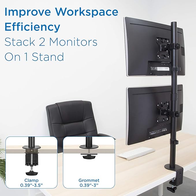 Mount-It! Vertical Dual Monitor Mount | Stacked Monitor Desk Stand | Fits 2 Computer Screens 19 20 21 22 23 24 27 32 Inches | C-Clamp and Grommet Bases | VESA 75 100 Compatible