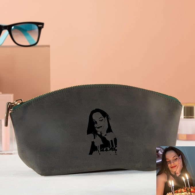 Blade Premium Personalized Genuine Leather Cosmetic Makeup Bag - Wedding Gift for Bridesmaid, Travel Organizer Clutch for Women with Zipper Pouch for Toiletry Essentials (Green)