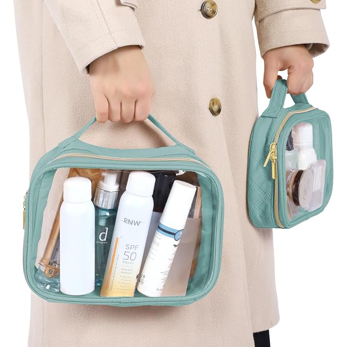 PACKISM Clear Makeup Bag Combo Pack, 1 TSA Approved Medium & Large for Checked Luggage, Clear Toiletry Bag with Handle, Water-resistant Travel Essentials Organizer, Turquoise Green