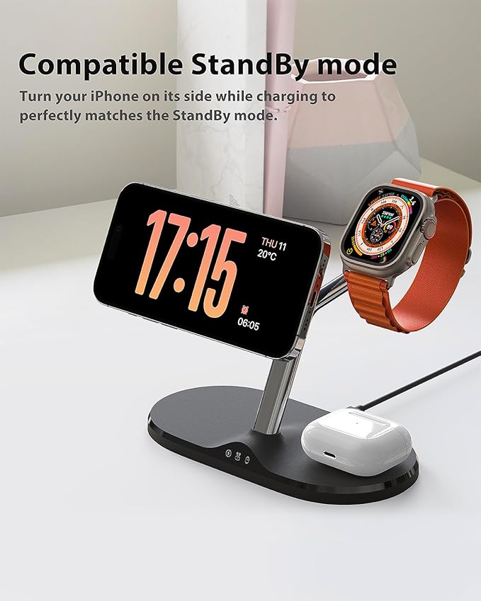 3-in-1 Wireless Charging Station for Apple Devices - Fast Charging Station for iPhone and Watch with MagSafe, Stable Charger Stand for iPhone 12-15 & iPhone 16 & iWatch & AirPods
