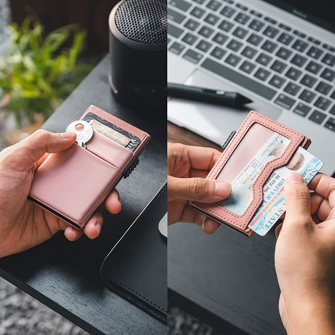 VULKIT Minimalist Wallet with ID Window & EDC Pocket Pop Up Card Holder RFID Blocking Slim Wallet Design for Airtag Cash Coins & Credit Cards