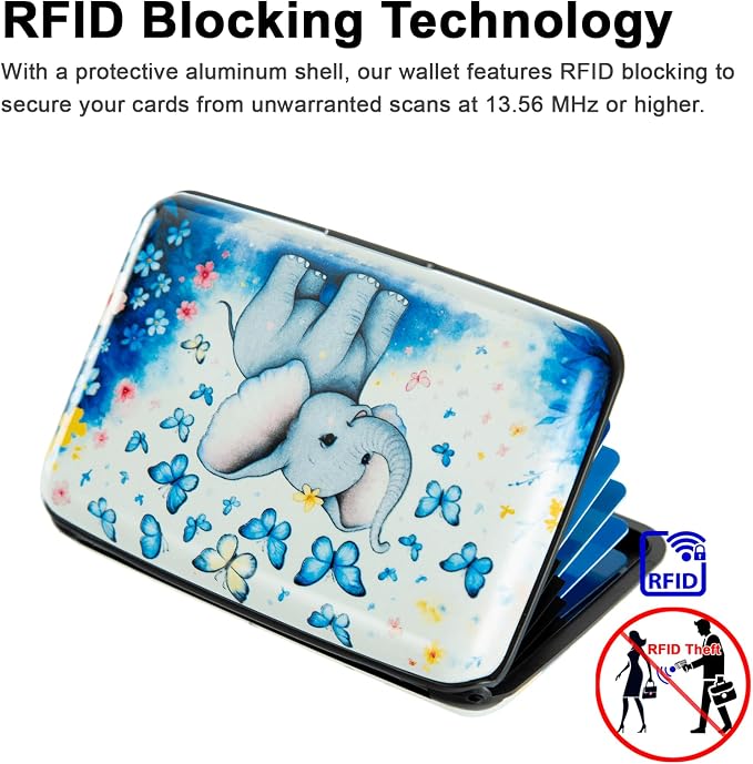 Credit Card Holder for Women Men RFID Blocking Wallet Small Business Metal Slim Mini Aluminum Hard Case (Elephant Butterflies)