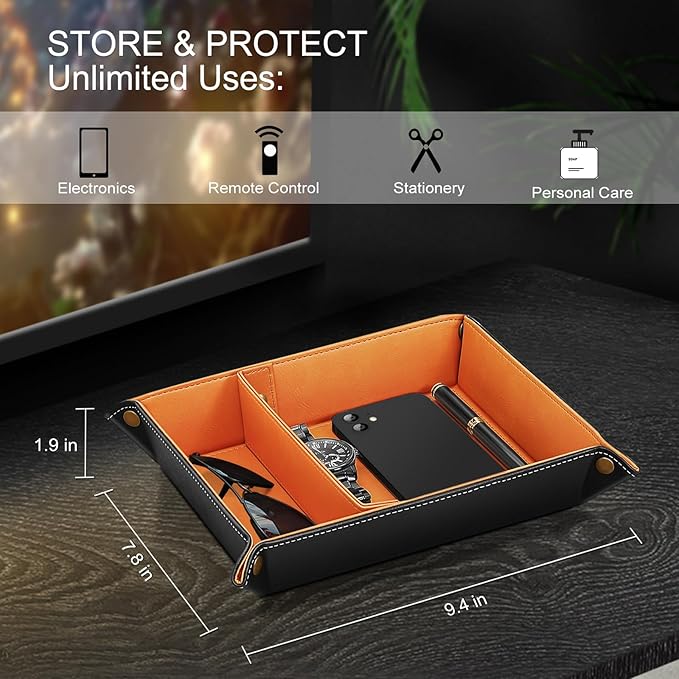 SITHON Valet Tray Desktop Storage Organizer, Removable 2 Compartments Catchall Tray Bedside Vanity Nightstand Caddy Holder Desk Storage Plate, Orange