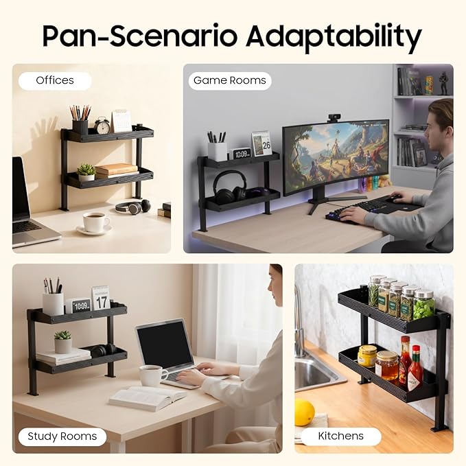 Clamp On Desk Shelf, Heavy Duty Above Desk Shelves, Under Desk Wire Management with Desk Extension Side Table, Desk Add on Shelf Clamp Table for Gaming Desk Organization