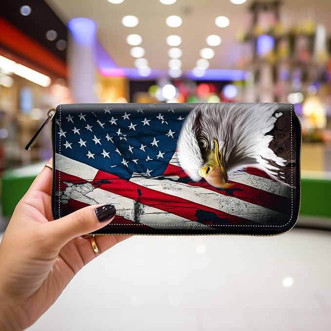 Wallet,Leather Long Wallet Suitable For Ladies And Teenagers - Detachable Wristband + RFID Travel Wallet With Card Slot - Bald Eagle American Flag