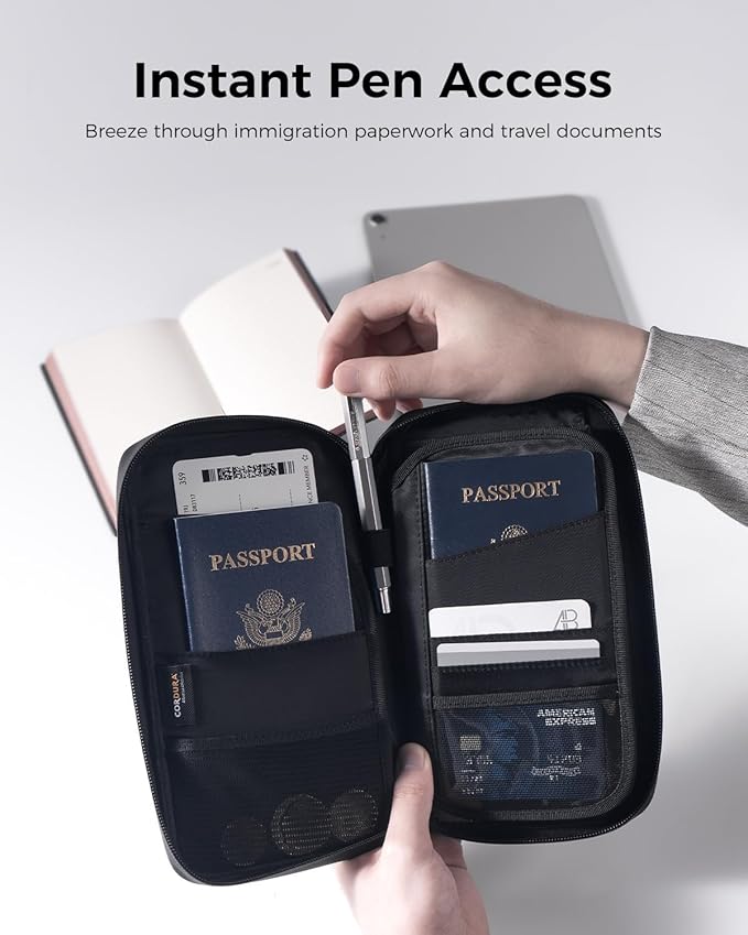 pack all Travel Passport Holder with RFID Blocker, Water-Resistant Passport Wallet with Wrist Strap, Multiple Family Airplane Document Organizer for Cards, Boarding Pass, ID, Cash, Tickets