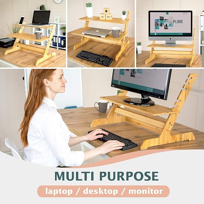 Adjustable Standing Desk Riser 100% Natural Bamboo Desk Converter Monitor Stand - No Screws, Sets up in Under 1 Minutes - for Home or Office Use (19" High 26" Wide