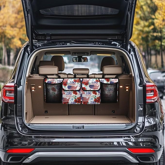250 Years Trunk Storage Organizer Backseat Hanging Storage Bag with 4 Pockets & 3 Adjustable Straps Adjustable & Waterproof Car Interior Accessories for Most Cars