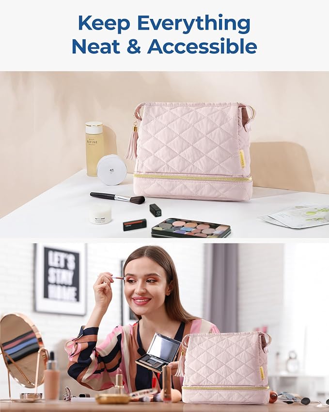 BAGSMART Makeup Bag Travel Cosmetic Bag,Puffy Make Up Bags for Women Double Layer Makeup Organizer Case,Wide-open Pouch Purse Storage Travel Essentials Toiletries Accessories Brushes,Pink