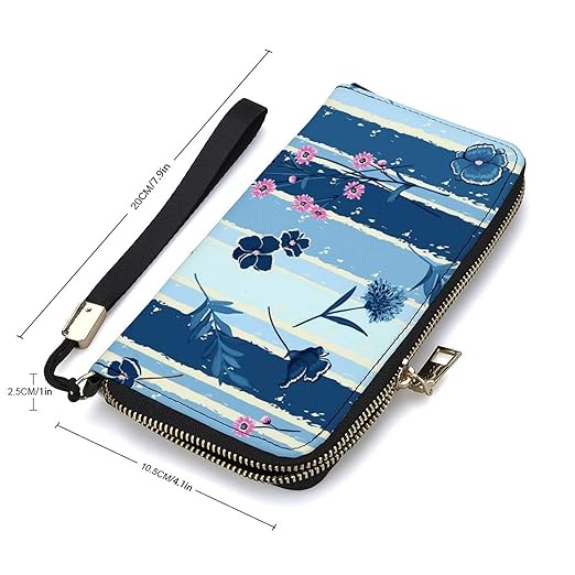 Clutch Wallet Holder for Women Men Wild Flowers Blue Brush Stripe Portable Accordion Zipper Credit Card Storage Bag Waterproof Purse Leather Wallet for Travel Work Shopping